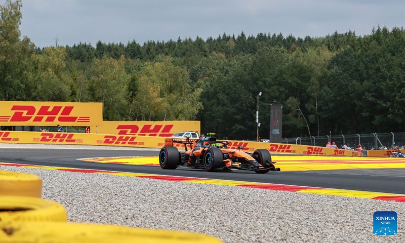 McLaren's British driver Lando Norris competes during the Qualifying of the Formula One Belgian Grand Prix at the Spa-Francorchamps circuit in Stavelot, Belgium, on July 18, 2026. (Photo by Bao Di/Xinhua)
