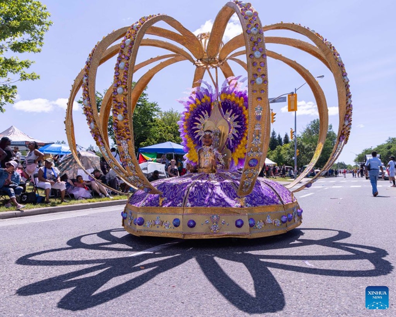 A dressed-up girl with her float is pictured during the Junior Carnival Parade of the 2026 Toronto Caribbean Carnival in Toronto, Canada, on July 19, 2026. Thousands of young participants in vivid costumes took part in the parade, celebrating Caribbean culture through music and dance. (Photo by Zou Zheng/Xinhua)