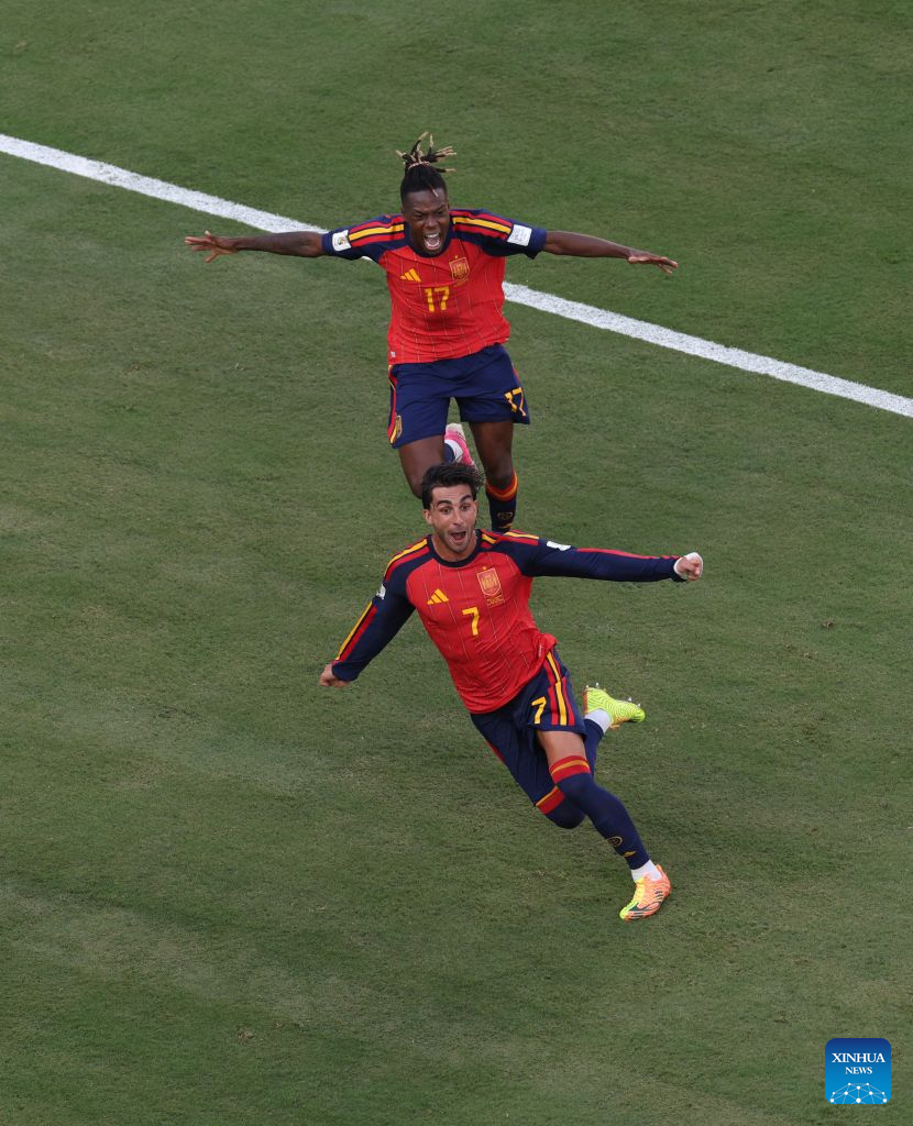 Ferran Torres (Bottom) of Spain celebrates scoring during the final match between Spain and Argentina at the 2026 FIFA World Cup at the New York New Jersey Stadium, the United States, July 19, 2026. (Xinhua/Xu Zijian)