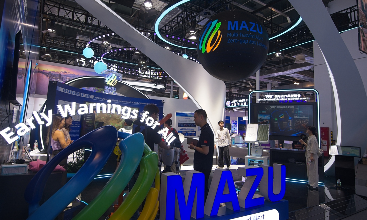 A Mazu meteorological platform is seen on display for AI forecasting of extreme weather events during the WAIC conference 2026 in Shanghai. Photo: VCG