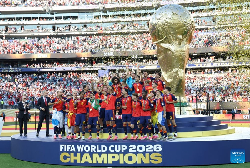Team Spain celebrate during the awarding ceremony after the final match between Spain and Argentina at the 2026 FIFA World Cup at the New York New Jersey Stadium, the United States, July 19, 2026. (Xinhua/Li Ming)