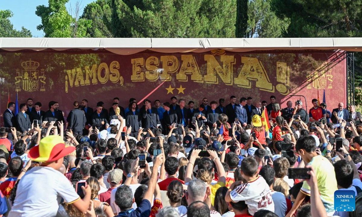 Players of Spain attend the celebrations after winning the 2026 FIFA World Cup in Madrid, Spain, on July 20, 2026. (Xinhua/Cheng Min)
