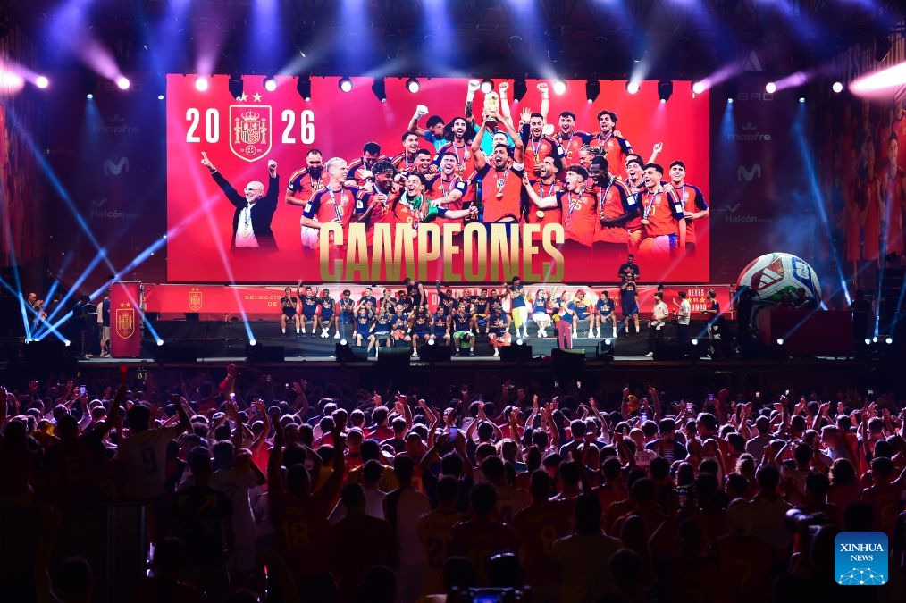 Players of Spain attend the celebrations after winning the 2026 FIFA World Cup in Madrid, Spain, on July 20, 2026. (Photo by Gustavo Valiente/Xinhua)