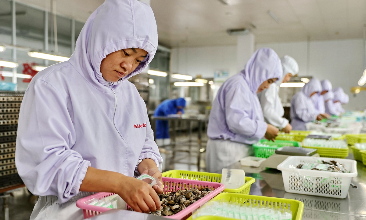 Workers fulfill seafood export orders at a food company in Qinhuangdao, North China's Hebei Province on July 21, 2026. The city has leveraged the high-quality marine resources of the Bohai Bay, guiding aquatic product processing and export enterprises to explore international markets. Photo: VCG