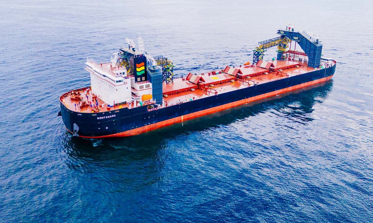 China State Shipbuilding Corporation (CSSC) delivers a 41,800-ton self-unloading bulk carrier custom-built for the landmark Simandou iron ore project off the coast of West Africa's Guinea on July 21, 2026. Photo: Courtesy of the CSSC
