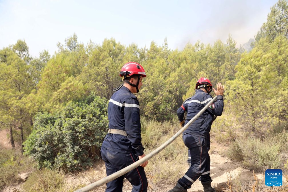 Firefighters work against a wildfire on a mountain in El Hachimia, northern Algeria, on July 21, 2026. Six people have been killed in wildfires sweeping across northern Algeria as a prolonged heat wave continues to fuel forest and vegetation fires in several provinces, the Algerian Ministry of the Interior, Local Authorities and Transports said Tuesday. (Photo by Billel Bensalem/Xinhua)