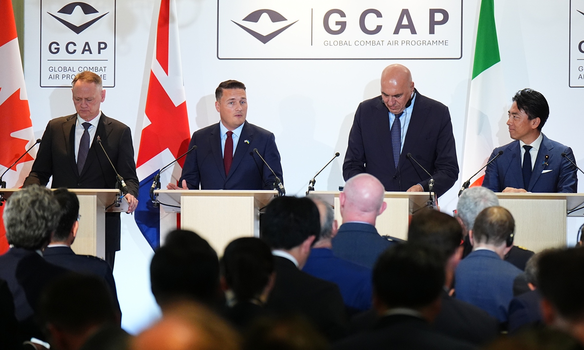 Japanese Defense Minister Shinjiro Koizumi (far right) speaks alongside counterparts from Canada, the UK and Italy during a meeting on the Global Combat Air Programme (GCAP) at Wellington Barracks in London, England, on July 21, 2026. Photo: VCG