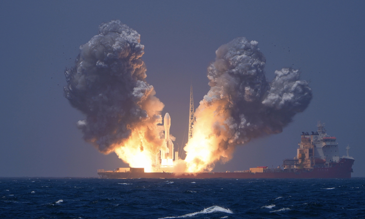 The Gravity-1 launch vehicle takes off from the Oriental Aerospace Port launch vessel.  Photo: Courtesy of the Haiyang Aerospace Industry Development Center