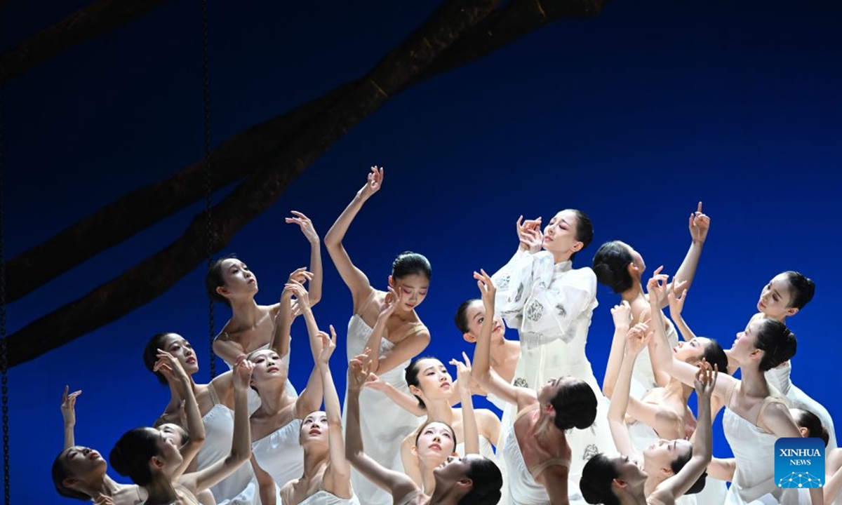Artists of the National Ballet of China perform during a dressed rehearsal of The Peony Pavilion in Beijing, capital of China, July 21, 2026. The ballet drama is officially staged here from July 22 to 26. (Xinhua/Jin Liangkuai)