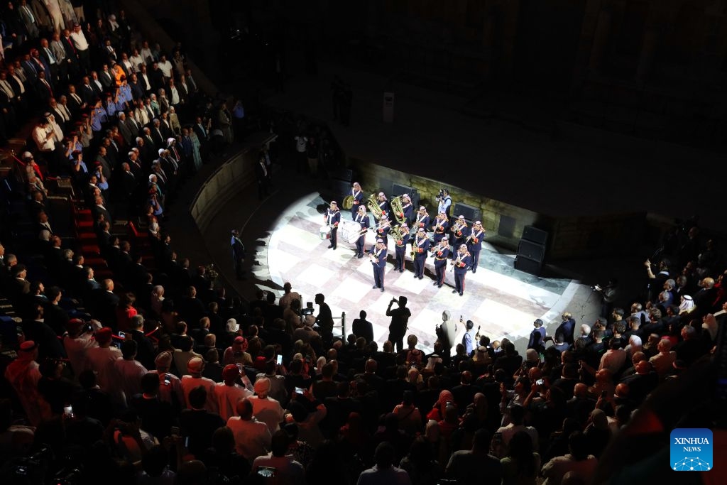 Artists perform at a theater of Jerash archaeological site during the 40th Jerash Festival for Culture and Arts in Jerash, Jordan, July 22, 2026. Jordan's Jerash Festival for Culture and Arts will mark its 40th edition from July 22 to Aug. 2, turning the ancient Roman city of Jerash into a vibrant hub for cultural exchange, artistic expression and civilizational dialogue. (Photo by Mohammad Abu Ghosh/Xinhua)