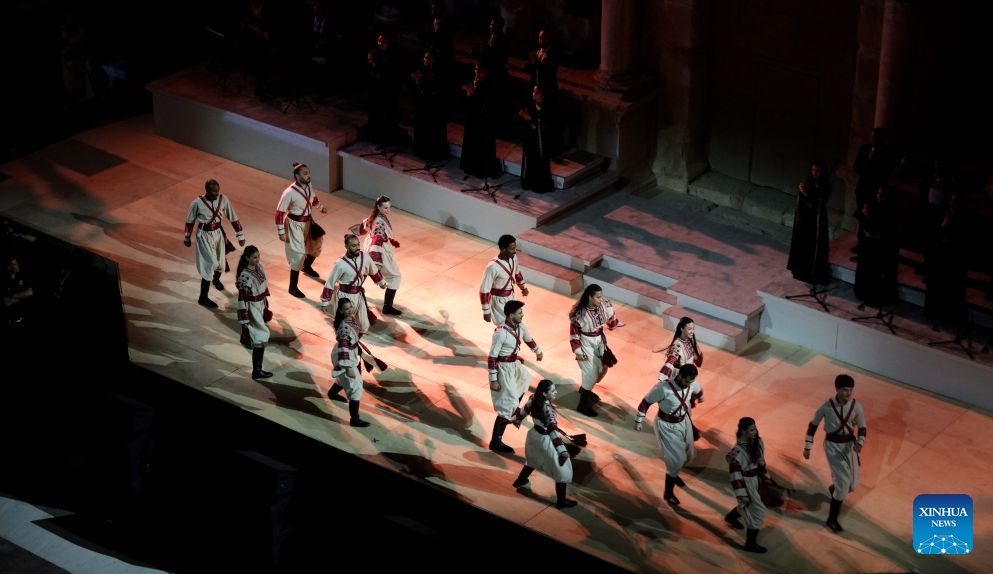 Artists perform at a theater of Jerash archaeological site during the 40th Jerash Festival for Culture and Arts in Jerash, Jordan, July 22, 2026. Jordan's Jerash Festival for Culture and Arts will mark its 40th edition from July 22 to Aug. 2, turning the ancient Roman city of Jerash into a vibrant hub for cultural exchange, artistic expression and civilizational dialogue. (Photo by Mohammad Abu Ghosh/Xinhua)