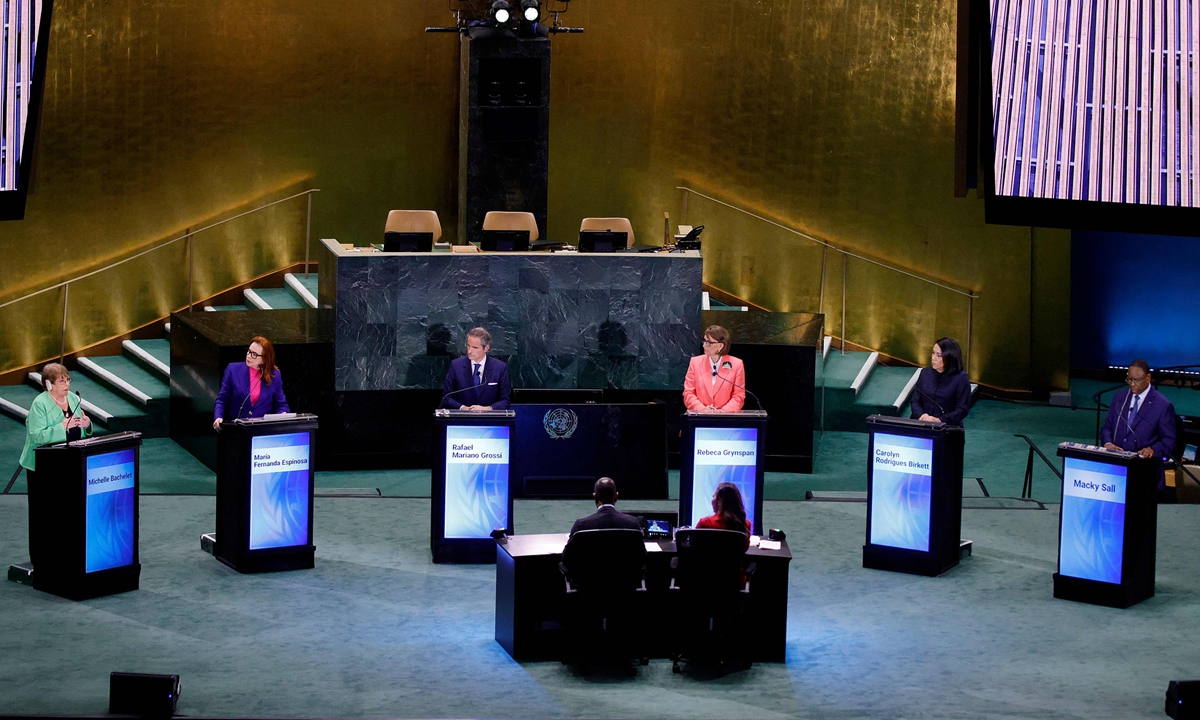 Candidates for United Nations (UN) Secretary-General position participate in a debate at the UN General Assembly Hall in New York, the US, on July 23, 2026 local time. Photo: VCG
