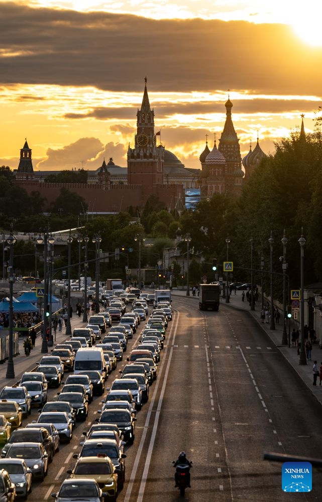 This photo taken on July 23, 2026 shows a scenery near the Red Square at sunset in Moscow, Russia. (Xinhua/Feng Kaihua)