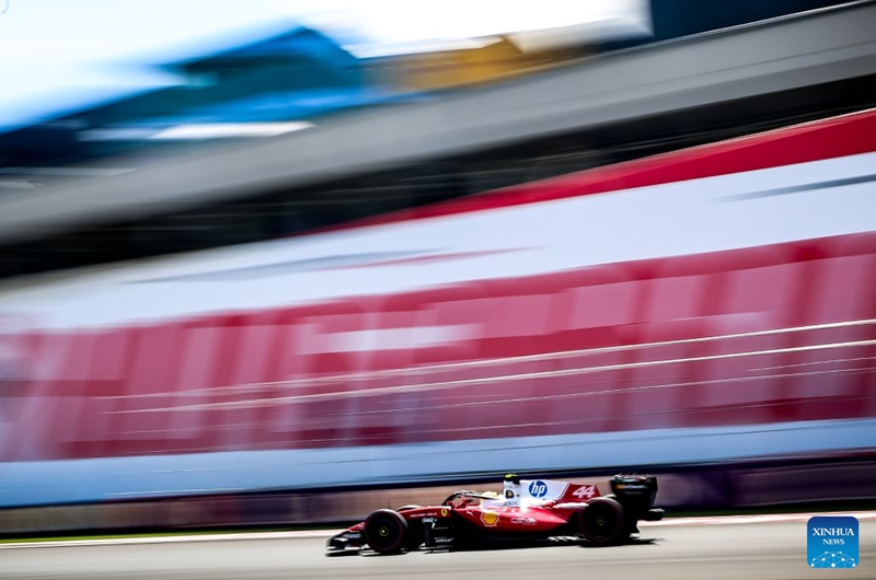 Ferrari's Lewis Hamilton of Britain drives during the third free practice session of the Formula One Hungarian Grand Prix at the Hungaroring in Mogyorod, near Budapest, Hungary, July 25, 2026. (Photo by David Balogh/Xinhua)
