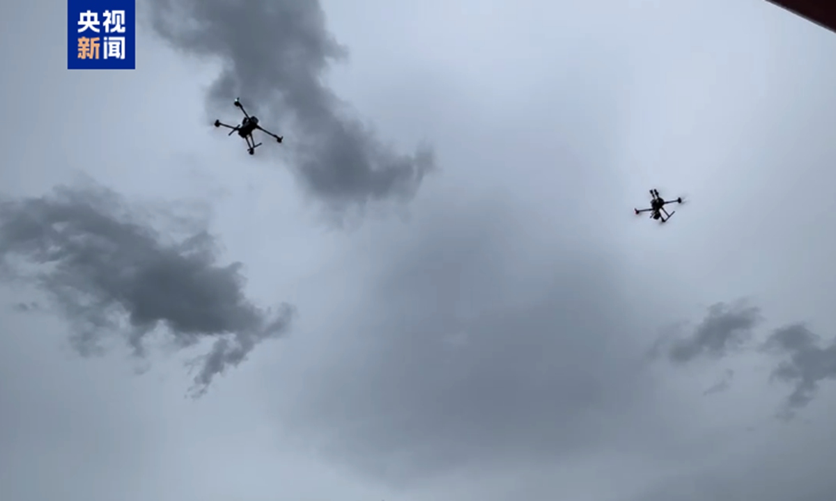 Picture shows a drone swarm observing Typhoon Noul throughout its entire passage. Photo: China Central Television 