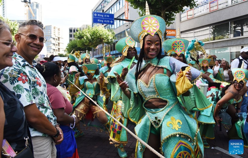 Dancers perform during the Rotterdam Summer Carnival, which was inscribed on UNESCO's Intangible Cultural Heritage, in Rotterdam, the Netherlands, July 25, 2026. (Xinhua/Shao Haijun)