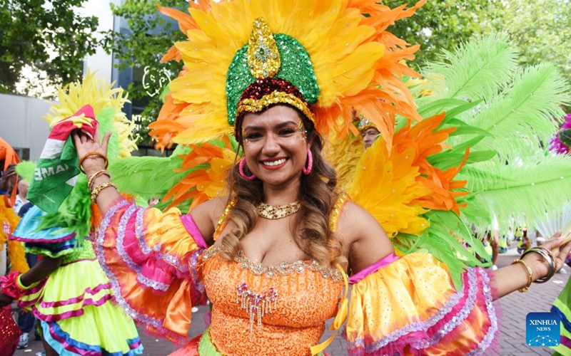 A dancer performs during the Rotterdam Summer Carnival, which was inscribed on UNESCO's Intangible Cultural Heritage, in Rotterdam, the Netherlands, July 25, 2026. (Xinhua/Shao Haijun)
