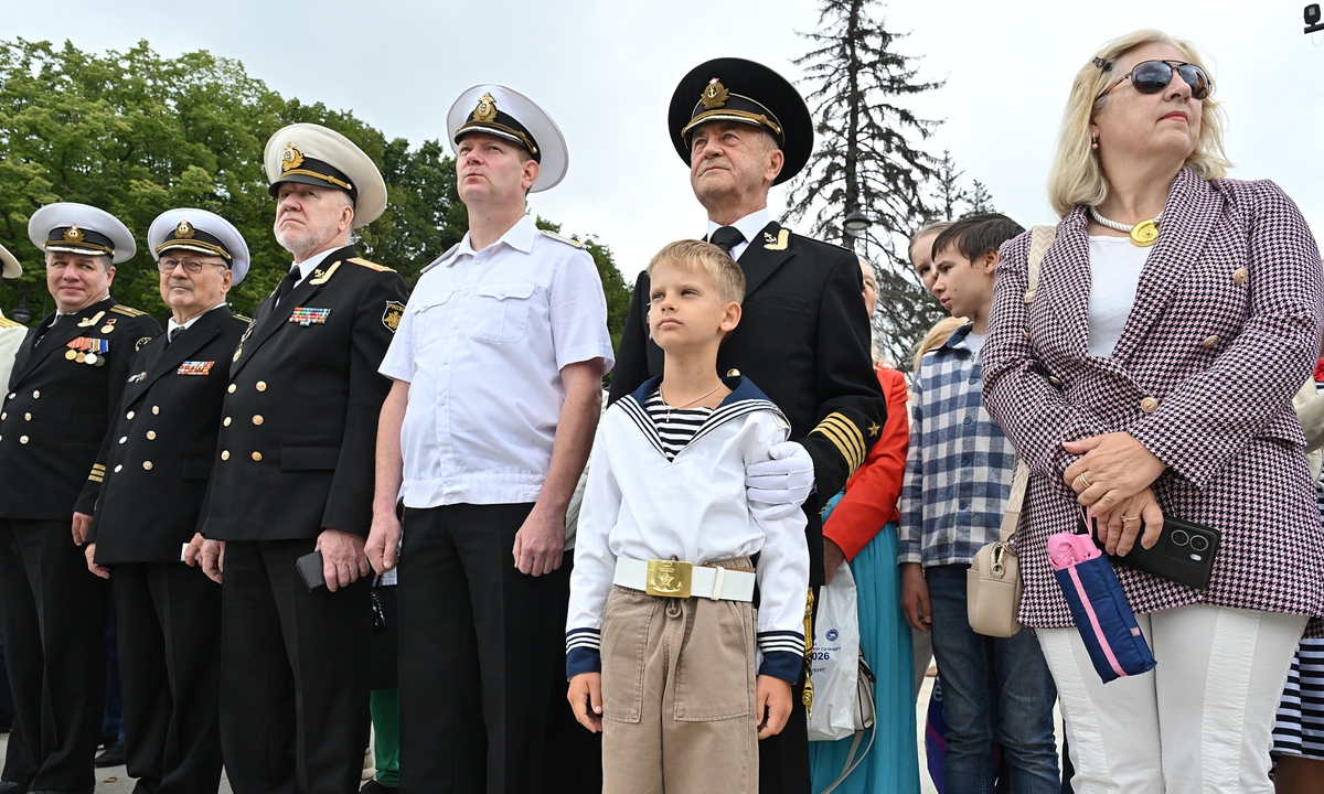 Former naval servicemen take part in Navy Day celebrations outside the North River Terminal in Moscow, Russia, on July 26, 2026. President Vladimir Putin also made remarks in a message on the occasion of Navy Day, marked annually on the last Sunday of July. Photo: VCG