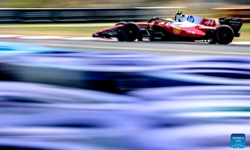 Ferrari's Lewis Hamilton of Britain drives during the third free practice session of the Formula One Hungarian Grand Prix at the Hungaroring in Mogyorod, near Budapest, Hungary, July 25, 2026. (Photo by David Balogh/Xinhua)