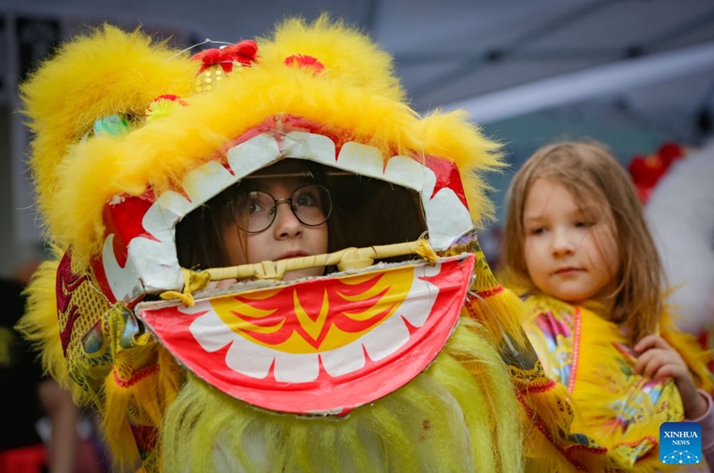 Children try a lion dance performance during the Chinatown Festival in Vancouver, British Columbia, Canada, July 25, 2026. The two-day cultural festival kicked off here on Saturday, celebrating the heritage of Vancouver's historic Chinatown with traditional cultural performances, local food vendors and family-friendly activities. (Photo by Liang Sen/Xinhua)
