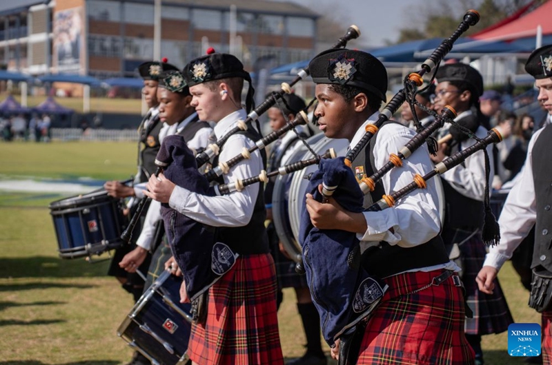 Members of a pipe band perform during the SA Pipe Band Championships in Bedfordview, South Africa, July 25, 2026. (Photo by Ihsaan Haffejee/Xinhua)