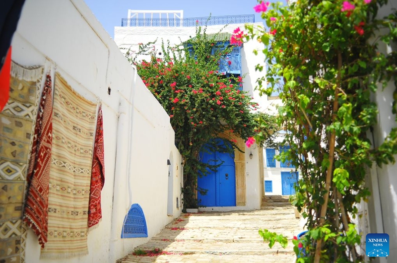 This photo taken on July 25, 2026, shows a view of the blue and white village of Sidi Bou Said, north of Tunisia. Tunisia's iconic village of Sidi Bou Said has been inscribed on the UNESCO World Heritage List, the country's Ministry of Cultural Affairs said on Saturday. (Photo by Adel Ezzine/Xinhua)
