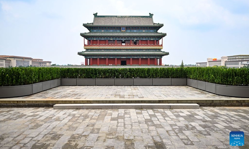 This photo taken on July 24, 2026 shows a view of a platform on the Zhengyangmen Archery Tower with the Zhengyangmen Gate in the background in Beijing, capital of China. Beijing has launched environmental renovation for Zhengyangmen Gate, Zhengyangmen Archery Tower and surrounding areas in 2026. Marking the second anniversary of the successful inscription of the Beijing Central Axis on the UNESCO World Heritage List, heritage sites along the Beijing Central Axis, such as the Palace Museum, Zhengyangmen Gate, and Altar of the God of Agriculture, also referred to as the Xiannongtan Temple, will either open to the public free of charge or launch new exhibitions on July 27.
Over the past two years, efforts to conserve, inherit and make good use of the Beijing Central Axis have advanced steadily, achieving new outcomes in areas including related legal system, UNESCO World Heritage signage, landscape improvement, creative utilization, collaborative protection and international communication. Photo: Xinhua