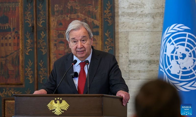 UN Secretary-General Antonio Guterres speaks during a joint press conference with Syrian foreign chief Asaad al-Shaibani in Damascus, Syria, July 25, 2026. UN Secretary-General Antonio Guterres visited Syria on Saturday, pledging continued UN support for the country's recovery and reconstruction in the first visit by a UN chief to Damascus since 2009. (Xinhua)