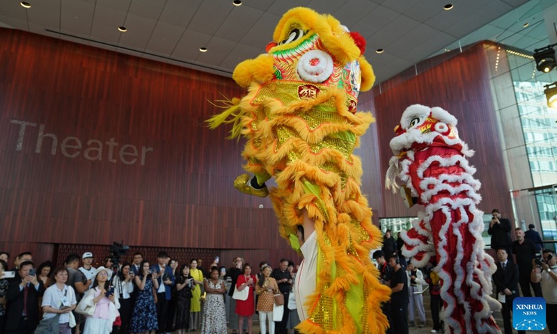 Artists perform lion dance at a Chinese Arts Week at Lincoln Center in New York, the United States, on July 23, 2026. (Xinhua/Zhang Fengguo)