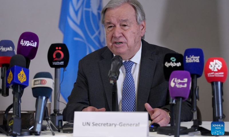 UN Secretary-General Antonio Guterres hosts a press conference during his visit to Syria in Damascus, Syria, July 26, 2026. Guterres visited Syria on Saturday, pledging continued UN support for the country's recovery and reconstruction in the first visit by a UN chief to Damascus since 2009. (Photo by Ammar Safarjalani/Xinhua)