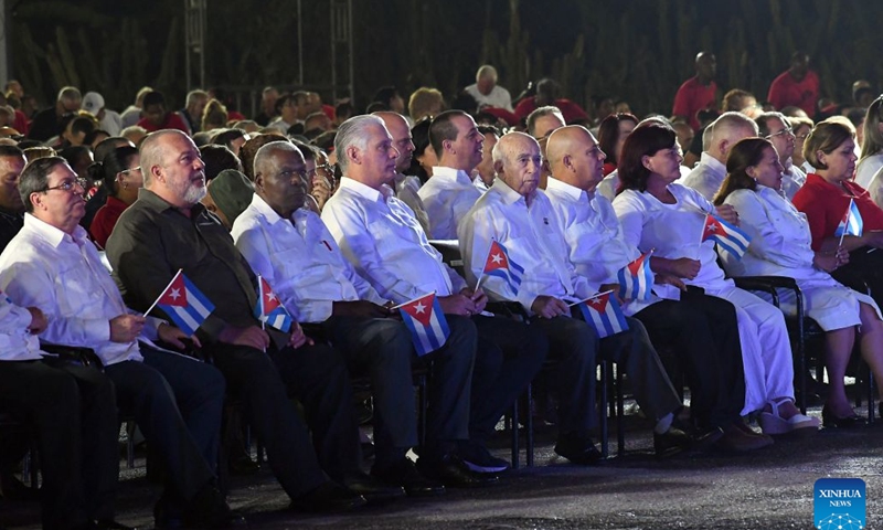 Cuban President Miguel Diaz-Canel (4th L, front) attends a ceremony marking the 73rd anniversary of the National Rebellion Day in Pinar del Rio, Cuba, July 26, 2026. The National Rebellion Day marks events on July 26, 1953, when late revolutionary leader Fidel Castro and about 100 of his followers attempted to take the Moncada Barracks, the second military fortress of the Fulgencio Batista's dictatorship, in the city of Santiago de Cuba, and the Carlos Manuel de Cespedes Barracks in the nearby town of Bayamo. (Photo by Joaquin Hernandez/Xinhua)

