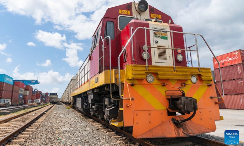 A freight train is pictured at Port Reitz Station along the Mombasa-Nairobi Standard Gauge Railway (SGR) in Mombasa, Kenya, July 9, 2026. The cumulative freight volume transported along Kenya's Mombasa-Nairobi SGR, a flagship project under the Belt and Road Initiative (BRI) cooperation, has exceeded 50 million tonnes as of July 26, the operator said on Monday. (Xinhua/Xie Jianfei)

