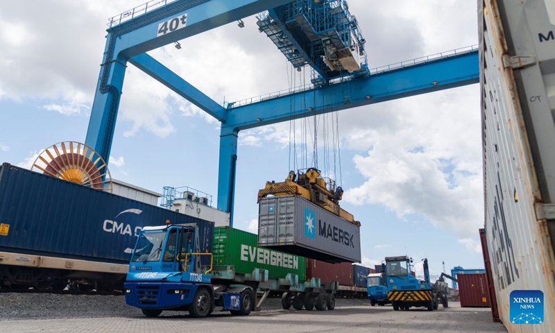 A gantry crane hoists a container at Port Reitz Station along the Mombasa-Nairobi Standard Gauge Railway (SGR) in Mombasa, Kenya, July 9, 2026. The cumulative freight volume transported along Kenya's Mombasa-Nairobi SGR, a flagship project under the Belt and Road Initiative (BRI) cooperation, has exceeded 50 million tonnes as of July 26, the operator said on Monday.


