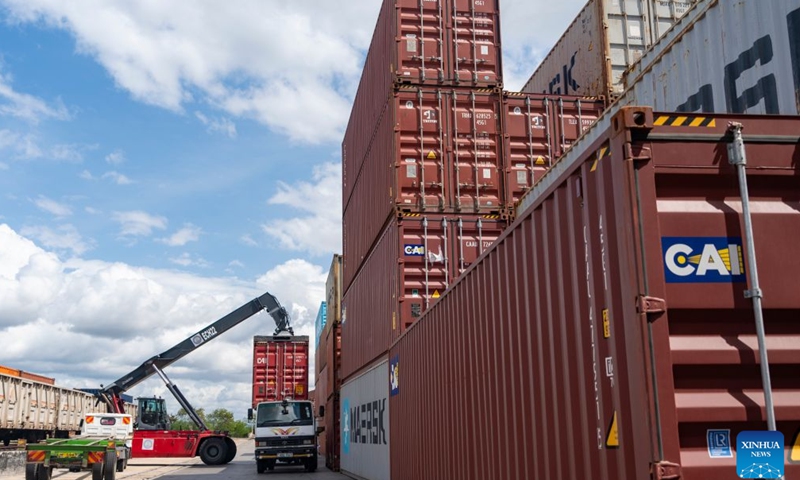 A crane hoists a container at Port Reitz Station along the Mombasa-Nairobi Standard Gauge Railway (SGR) in Mombasa, Kenya, July 9, 2026. The cumulative freight volume transported along Kenya's Mombasa-Nairobi SGR, a flagship project under the Belt and Road Initiative (BRI) cooperation, has exceeded 50 million tonnes as of July 26, the operator said on Monday.

