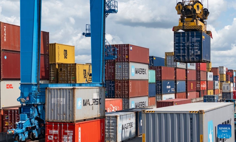 A gantry crane hoists a container at Port Reitz Station along the Mombasa-Nairobi Standard Gauge Railway (SGR) in Mombasa, Kenya, July 9, 2026. The cumulative freight volume transported along Kenya's Mombasa-Nairobi SGR, a flagship project under the Belt and Road Initiative (BRI) cooperation, has exceeded 50 million tonnes as of July 26, the operator said on Monday.

