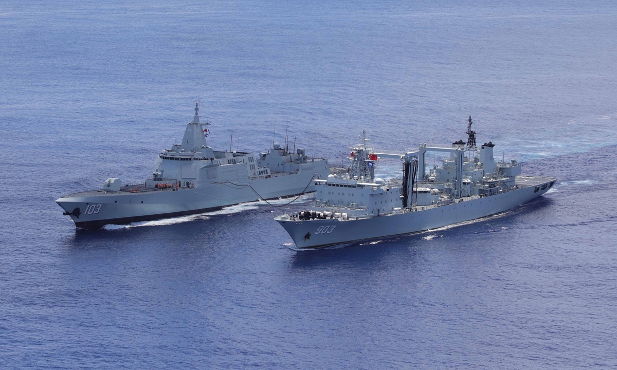 Photo released on July 29, 2026 shows Chinese naval vessels conducting an underway replenishment operation during a China-Russia joint maritime patrol on July 22, 2026. Photo: Xinhua