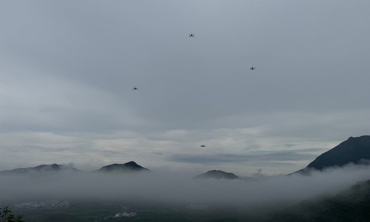 A drone swarm conducts on-site atmospheric observations after Typhoon Noul passed through the area on July 25, 2026. Photo: Courtesy of Guo Jianping