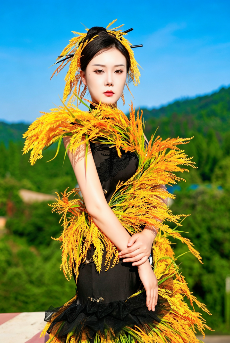 Hu Mengfan wear a dress inspired by rice plants. Photo: Courtesy of Hu Mengfan