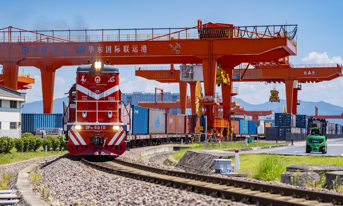 A China-Central Asia freight train departs from the East China International Combined Transport Port in Jinhua, East China's Zhejiang on July 30, 2026, bound for Central Asia via Horgos Port in Xinjiang Uygur Autonomous Region. Photo: VCG