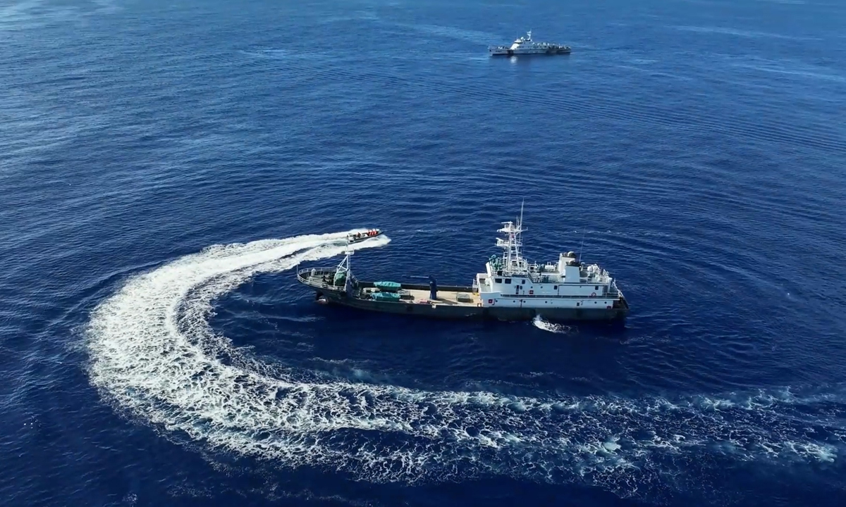 China Coast Guard (CCG) vessels conduct drills on rights-protection law enforcement, as well as management and control in the waters near China's Huangyan Dao on August 1, 2026. Photo: Courtesy of CCG