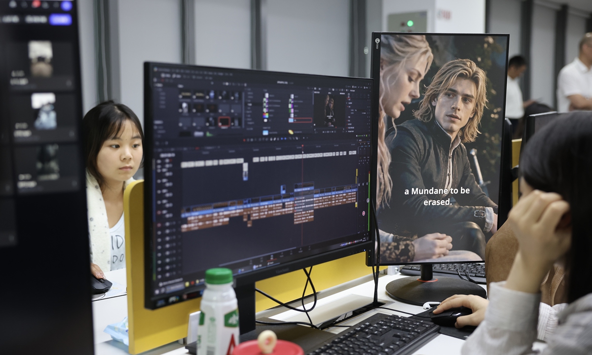 Staff members at a micro-drama company complete the full production cycle, from script revision and live shooting to AI-assisted post-production, overseas translation, and content distribution, on July 21, 2026.