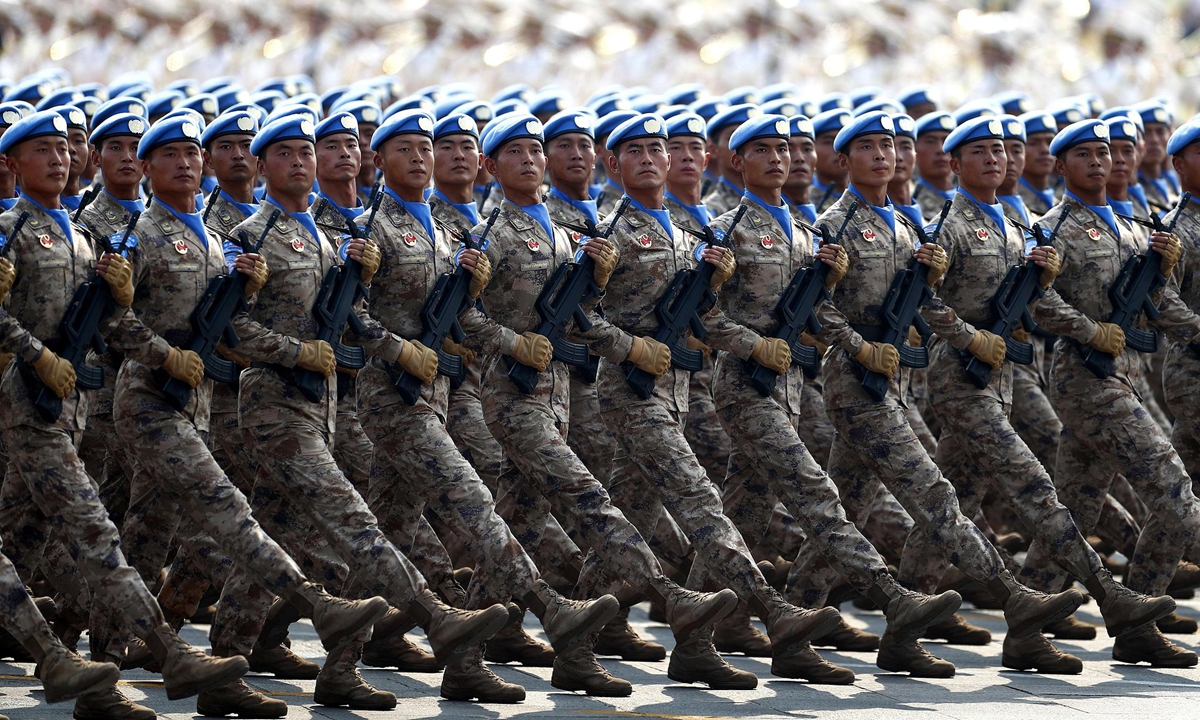 Chinese UN peacekeepers march during the parade in commemoration of the 80th anniversary of the victory of the Chinese People's War of Resistance Against Japanese Aggression and the World Anti-Fascist War in Beijing on September 3, 2025. Photo: VCG
