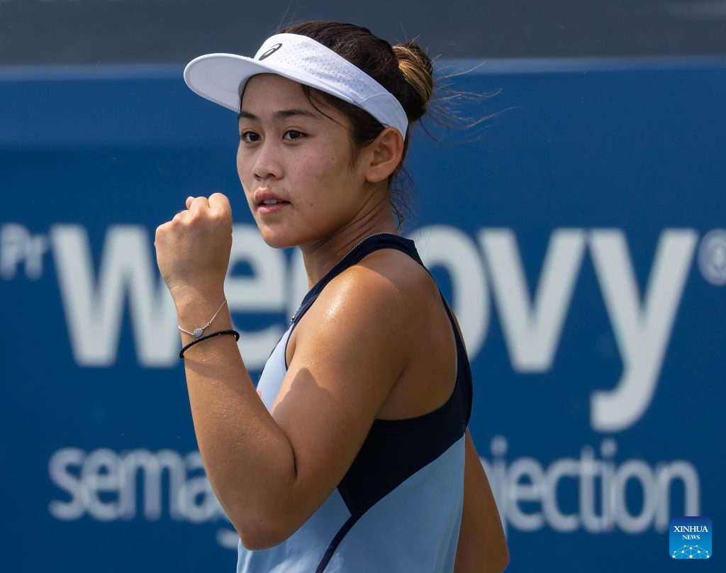 Lanlana Tararudee of Thailand reacts during the women's singles qualifying match between Lanlana Tararudee of Thailand and Zheng Qinwen of China at the 2026 National Bank Open tennis tournament in Toronto, Canada, on Aug. 1, 2026. (Photo by Zou Zheng/Xinhua)