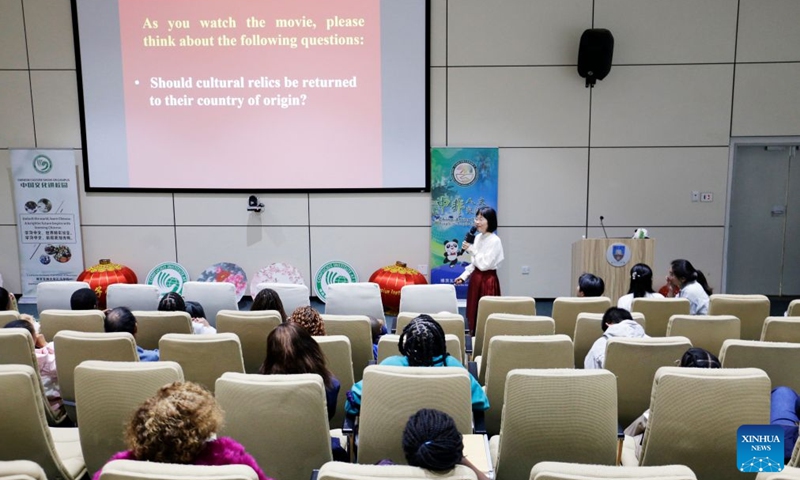 A Chinese instructor at the Confucius Institute at the University of Botswana (CIUB) speaks during the Chinese Film Day event organized by the CIUB in Gaborone, Botswana, Aug. 1, 2026. (Photo by Tshekiso Tebalo/Xinhua)

