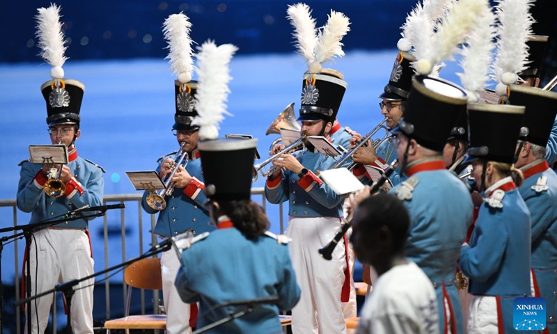 Band members perform during an event to celebrate the Swiss National Day in Geneva, Switzerland, Aug. 1, 2026. (Xinhua/Lian Yi)