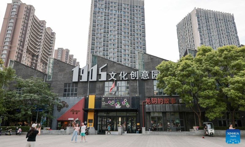 This photo taken on July 27, 2026 shows the exterior view of the 1905 cultural and creative park in Shenyang, northeast China's Liaoning Province. The cultural and creative park in Tiexi District of Shenyang was transformed from an old factory in 2012. It now offers cultural and creative products, artworks, and drama performances, and has since attracted a large number of visitors. It has become a popular gathering place for young people, showcasing the new vitality of cultural consumption in the city. (Xinhua/Li Gang)