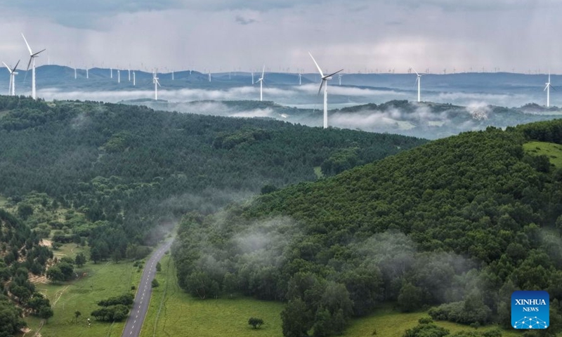 This aerial drone photo taken on Aug. 1, 2026 shows the scenery of Bashang grassland in Weichang Man and Mongolian Autonomous County in Chengde City, north China's Hebei Province. (Photo by Liu Mancang/Xinhua)