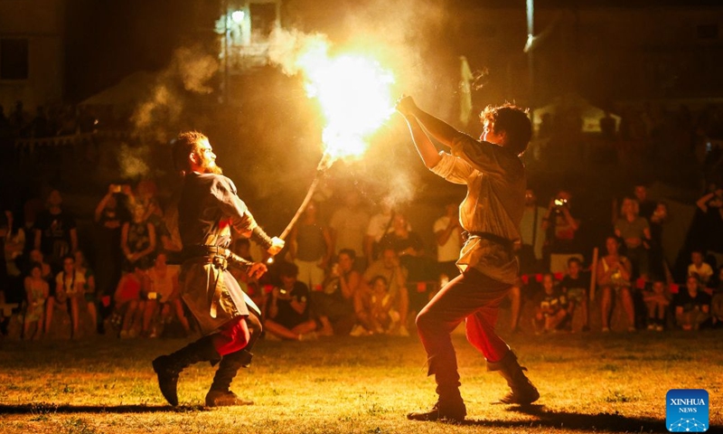 Performers take part in the 14th Medieval Festival at Morosini-Grimani Castle in Svetvincenat, Croatia, July 31, 2026. (Srecko Niketic/PIXSELL via Xinhua)