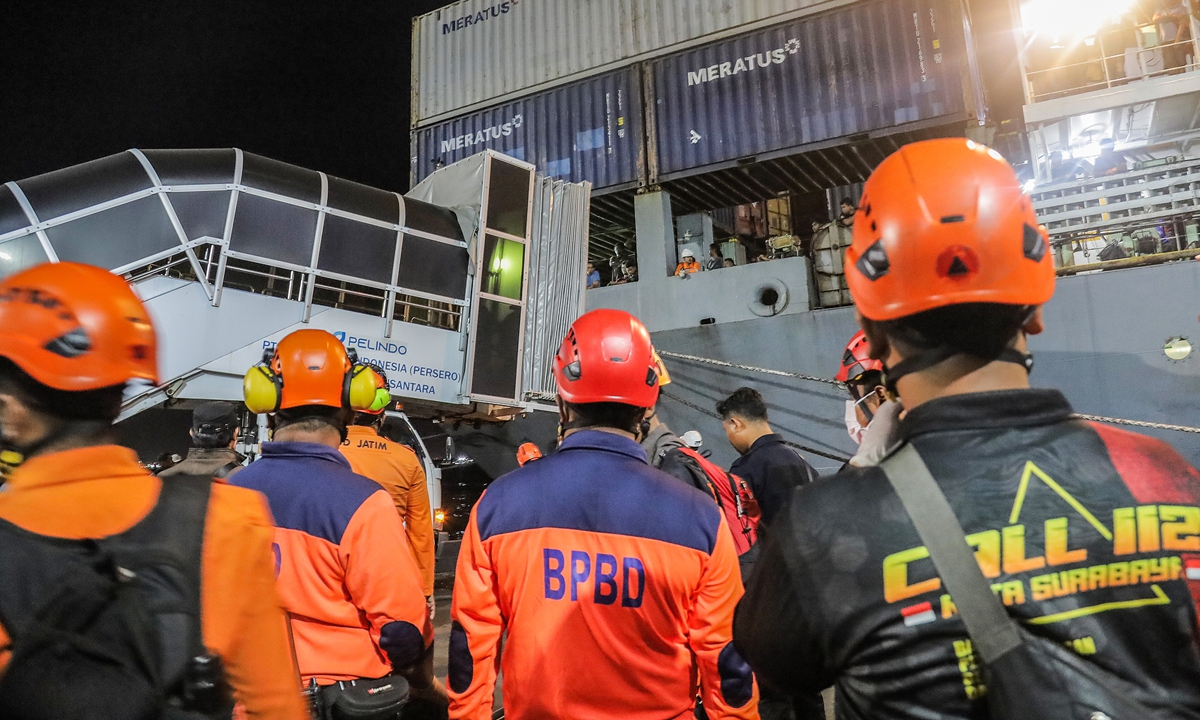 Rescuers stand by as they wait for survivors of a ferry fire to arrive at Tanjung Perak Port in Surabaya, East Java, Indonesia, on August 3, 2026. According to national search and rescue Basarnas, at least five people died and 41 others remain missing after a passenger vessel KMP Mutiara Sentosa 2, carrying 271 passengers and crew, caught fire at sea. Photo: VCG