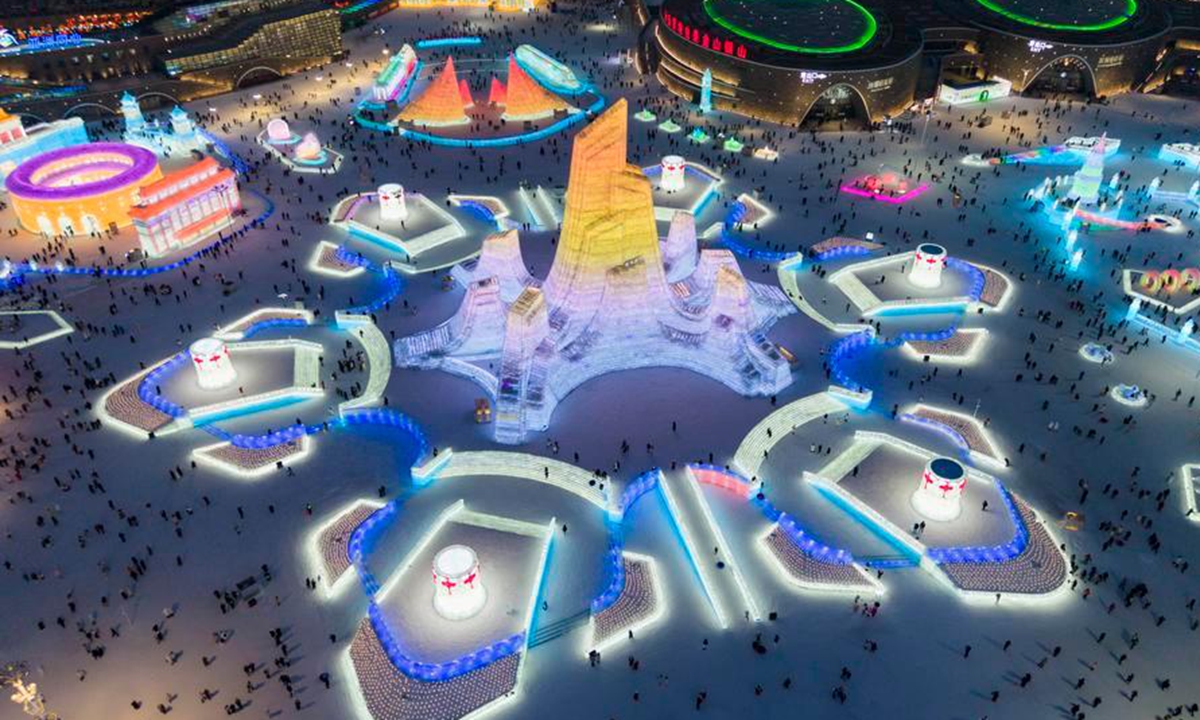 An aerial drone photo taken on Dec. 17, 2025 shows the main tower at the Harbin Ice-Snow World in Harbin, northeast China's Heilongjiang Province. Photo: Xinhua